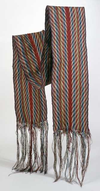 Color image of a French-Canadian finger-woven wool sash in ceinture flechee or “arrow sash" pattern, ca. 1750–1800.