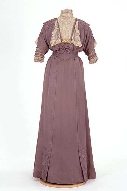 Lavender satin dress made by dressmaker Caroline Mundahl, St. Paul, 1910–1913.