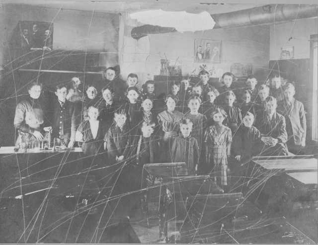 Photograph of the interior of Mud Lake School (District #33) in rural Watertown taken during the late 1880s. Photograph Collection, Carver County Historical Society, Waconia.