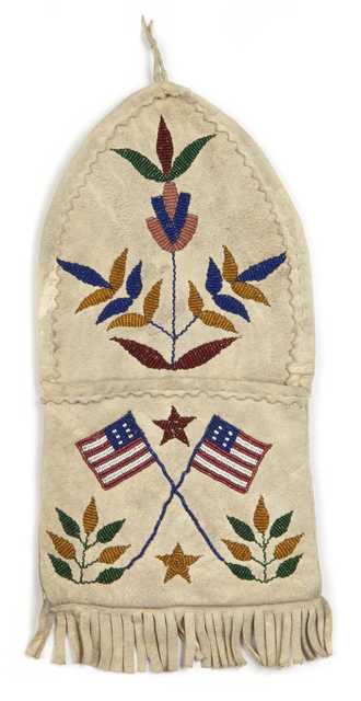 Color image of a beaded wall pocket made by Dakota Indians. Collected at the Cheyenne River Indian Reservation in the late nineteenth or early twentieth century.