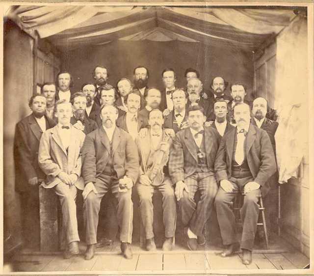 Black and white photograph of members of Pioneer Maennerchor, 1870s or 1880s.