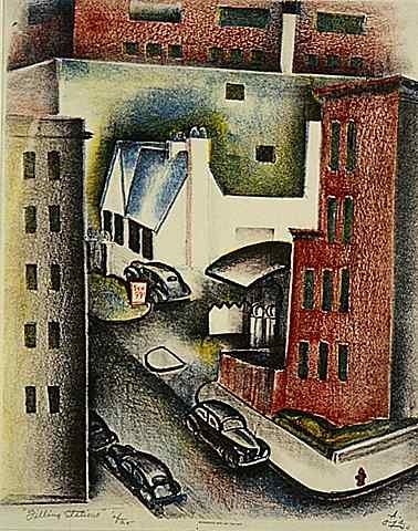 Color image of Filling Stations, 1940. Lithograph on paper by Alexander Oja. 