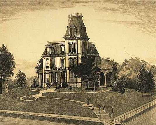 Etching of the Norman Kittson mansion made by Charles William Post, 1889.