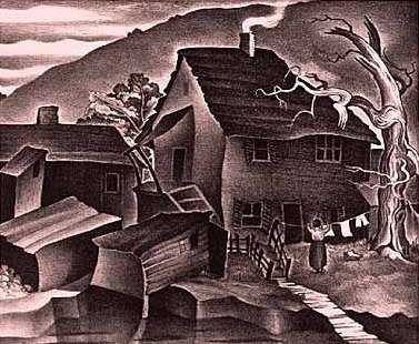 Black and white lithograph print on paper of Swede Hollow, c.1936.