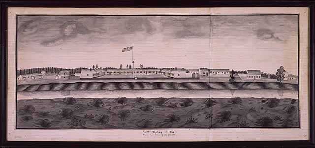 Fort Ripley, 1862. Pen and wash drawing made in 1864 by Corporal August Harfeldt, Third Battery, Minnesota Light Artillery.