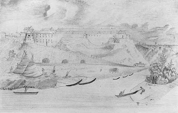 Graphite drawing of Fort Snelling showing landing road with root cellars beneath it and Dakota Indians in the foreground, c.1856. Drawing by B. C. H.