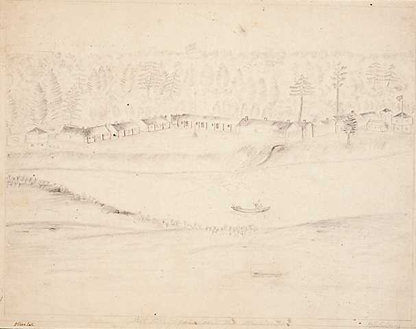 Graphite drawing of Fort Ripley from east the Mississippi, 1863. Drawing by Jonathan Burnett Salisbury.
