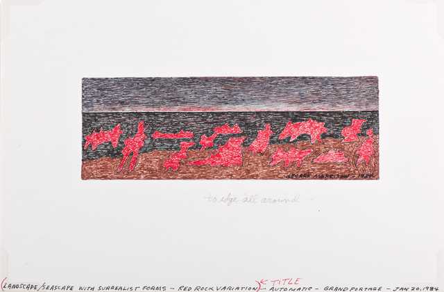 Color image of Landscape/Seascape with Surrealist Forms: Red Rock Variation drawing by George Morrison, 1984.