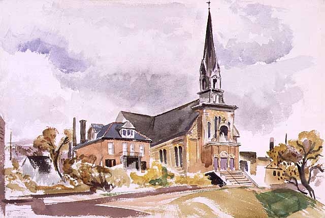 Water color painting of Our Lady of Lourdes Church, 27 Prince Street, Minneapolis, 1948.