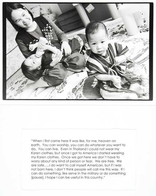 Black and white photograph of a woman sitting on the floor with two young children, with accompanying quote, by Jane Kramer, 2004. From collection, "Photographs and Stories of Refugee Women: Perseverance, Dignity, Strength, Hope, and Peace."