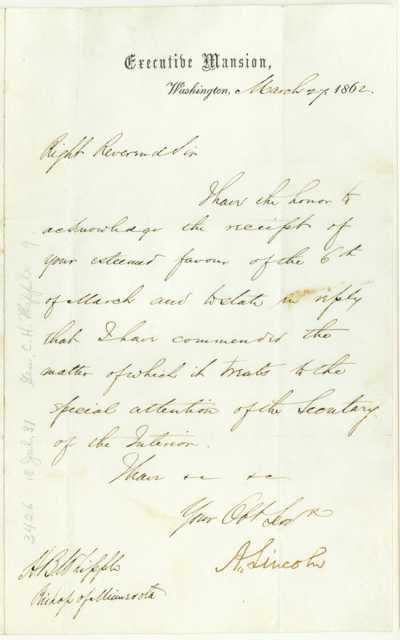 Scan of a letter from Abraham Lincoln to Henry B. Whipple, March 27, 1862. 