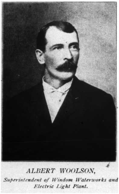 Photograph of Albert Woolson, 1896. In that year, Woolson was the superintendent of the Water Works and Electric Light Plant in Windom. The image appears in the 1896 Cottonwood County Plat Book, available at the Minnesota Historical Society under call number 175R.1.