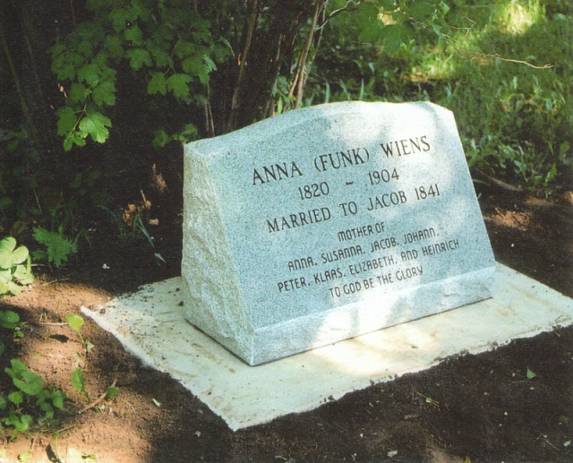 Color image of the tombstone of Anna Funk Wiens inside Carson Mennonite Brethren Church Cemetery, March 13, 2013.