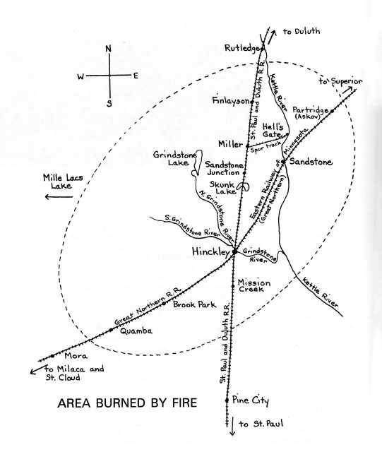 Map on page 96 shows the towns and area in Minnesota that were burned in the Hinckley fire. From Grace Stageberg Swenson’s From the Ashes: The Story of the Hinckley Fire of 1894 (St. Cloud: North Star Press of St. Cloud, Inc., 1994), 96.  