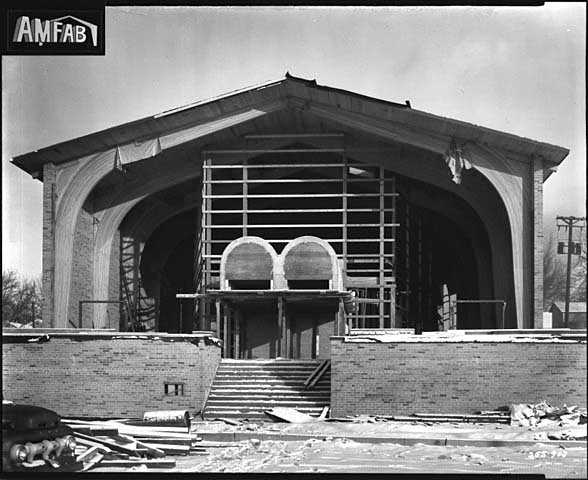 Black and white photograph of the construction of a new building for B'nai Abraham Congregation (later B'nai Emet Synagogue) at Ottawa Avenue and Highway 7, St. Louis Park, December 8, 1958.