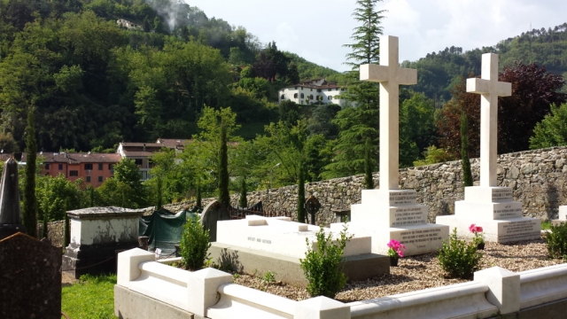 Color image of the graves of (left to right) Nelly Erichsen, Rose Cleveland, and Evangeline Whipple in Bagni di Lucca Cemetery, 2014. Photograph by Tilly Laskey. 