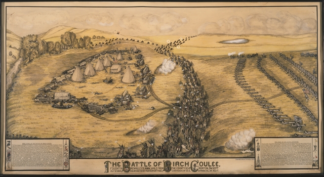 Lithograph interpretation of the Battle of Birch Coulee, 1912.