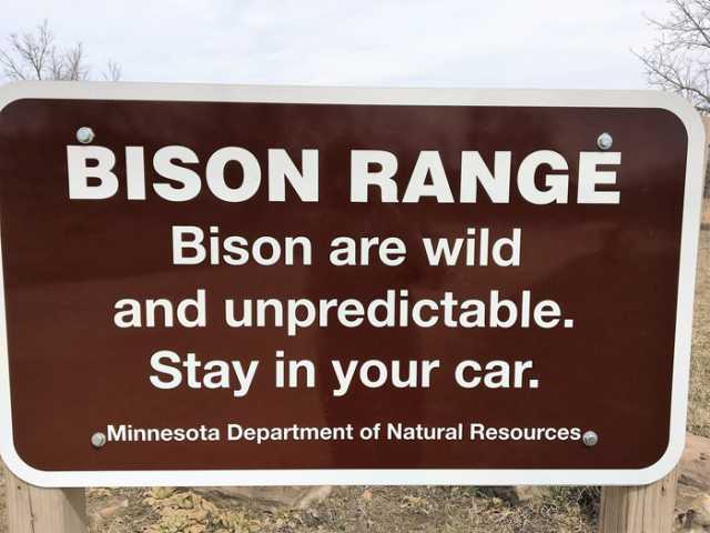 Color image of a Bison Range sign at Minneopa State Park, April 8, 2017.