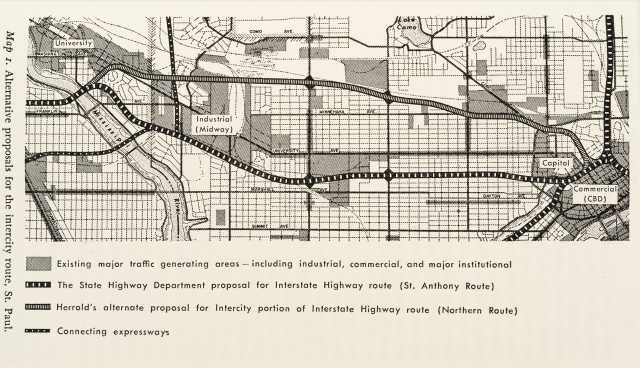 Map of the Interstate 94 corridor, 1965. From Alan A. Altshuler’s The City Planning Process: A Political Analysis (Ithaca, NY: Cornell University Press, 1965). Used with the permission of Cornell University Press. 