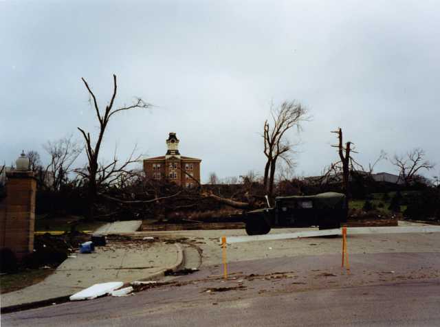 Color view toward Old Main following the 1998 tornado.
