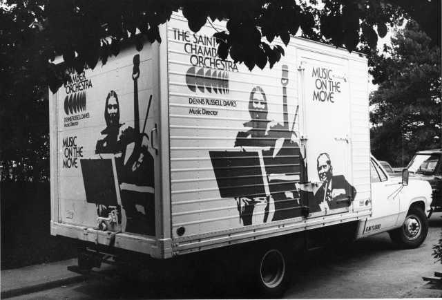 Black and white photograph of a Music on the Move truck, 1970s.
