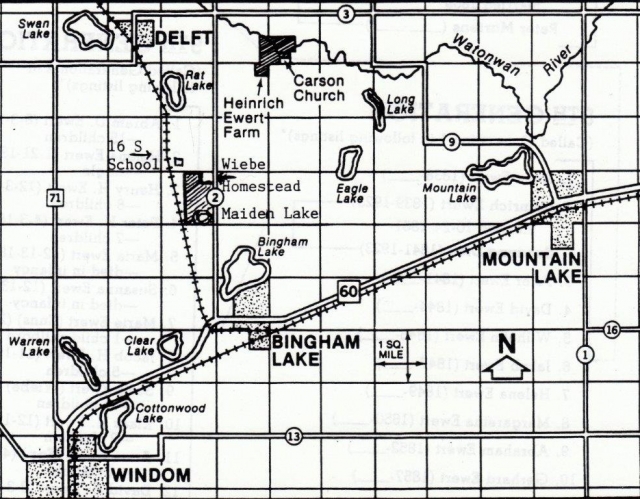 Map of the homesteads of members of the Carson Mennonite Brethren Church.