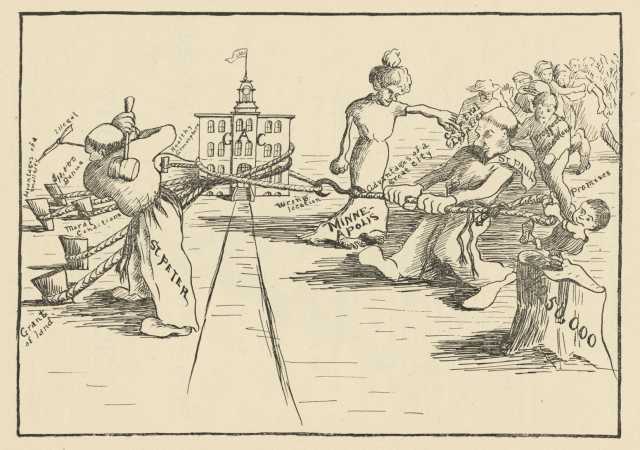  Cartoon showing the tug-of-war between the cities of Minneapolis and St. Peter for the location of the new Gustavus Adolphus College, from Manhem: Gustavus Adolphus Annual, 1904. 