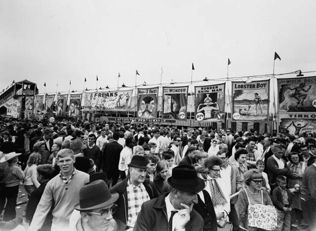 Black and white photograph of crowds at the Midway, Minnesota State Fair, 1963, 