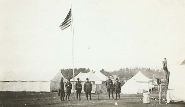 Black and white photograph of Minnesota Home Guard camp providing assistance after the fires, 1918. 