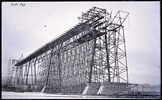 Black and white photoprint of high bridge construction c. January, 1889.
