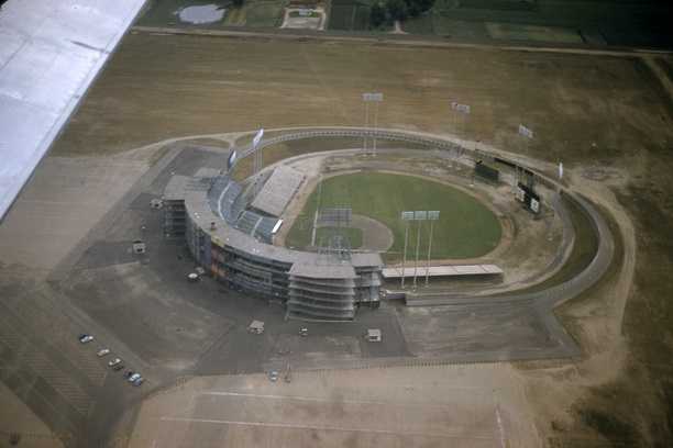 Color image of an aerial view of Metropolitan Stadium, Bloomington, MN, ca. 1958–1966. Photograph: Gordon A. Erickson.