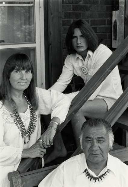 Black and white photograph of Hazel Belvo, George Morrison, and their son, Briand Morrison, c.1978.