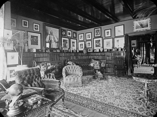 Black and white photograph of Bishop Whipple's library, c.1900. 