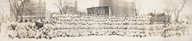 Black and white photograph of West Publishing Company employees, St. Paul Winter Carnival, 1916. 