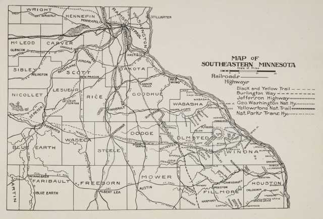 Map of southeastern Minnesota printed in The Paradise of Minnesota: The Proposed Whitewater State Park (L. A. Warming, 1917).