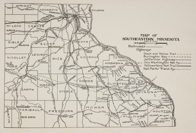 Map of southeastern Minnesota printed in The Paradise of Minnesota: The Proposed Whitewater State Park (L. A. Warming, 1917).