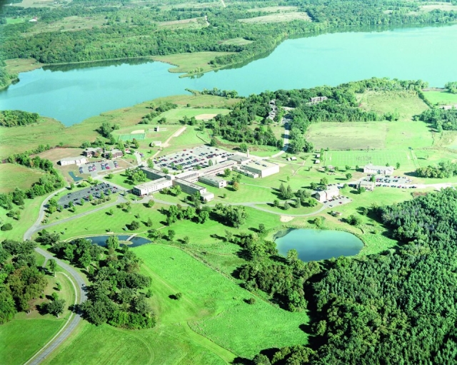 Aerial photograph of the Crown College campus in St. Bonifacius.