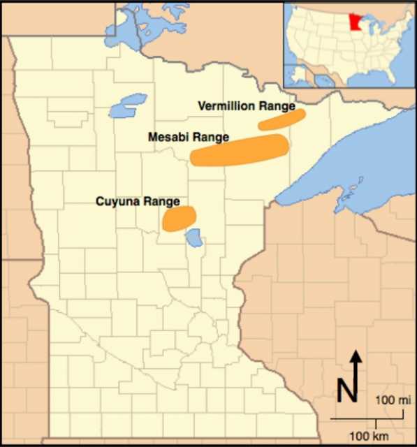 Map showing the locations of the Vermillion, Mesabi, and Cuyuna Iron Ranges of Minnesota.