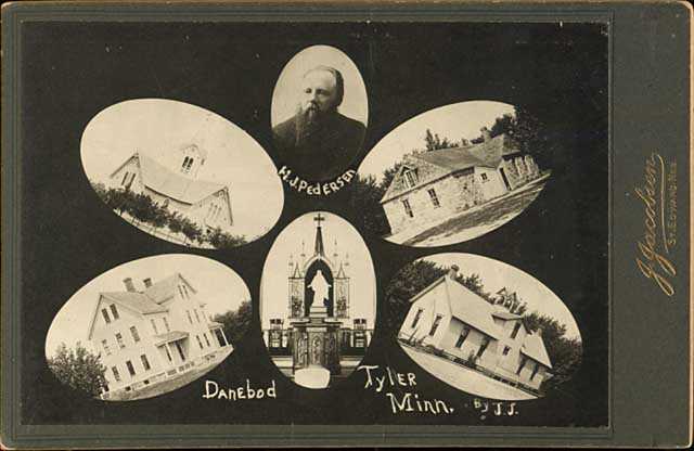 Photograph collage of early pictures of Danebod. Includes church, folk school, stone hall, gym and first pastor H.J. Pedersen.