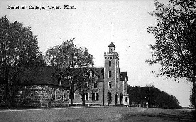 Postcard photo of Danebod Folk School and stone hall