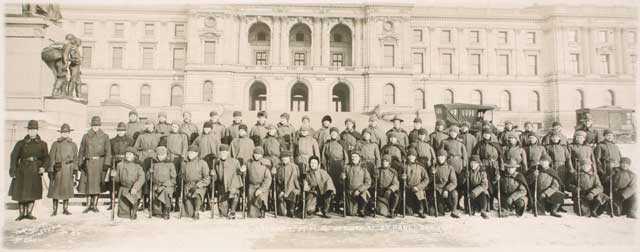 Black and white photograph of Company A of the Third Battalion, Minnesota Home Guard, from Duluth, 1917. 