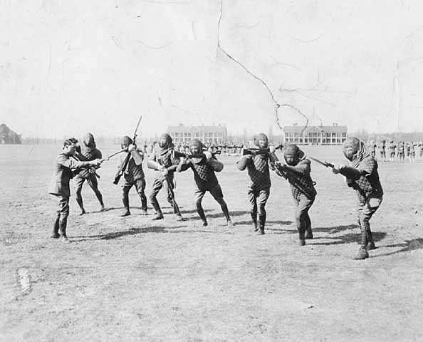 Black and white photograph of bayonet drill at the Officers’ Training Camp, Fort Snelling, 1917. 
