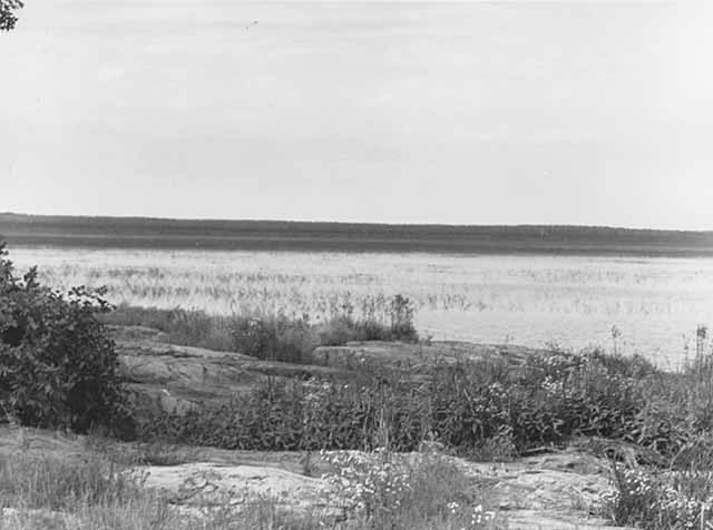 Rocks with pictographs at Nett Lake, ca. 1934. Photograph by Monroe P. Killy.