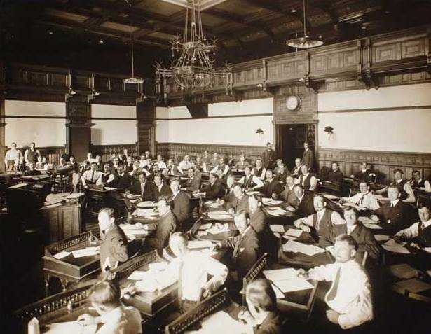 Black and white photograph of the senate Chamber, second state capitol, St. Paul, ca. 1900. Photographed by Charles P. Gibson.