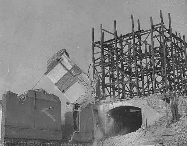Black and white photograph of the wrecking of the old State Capitol, St. Paul, 1938. Photographed by the St. Paul Dispatch.