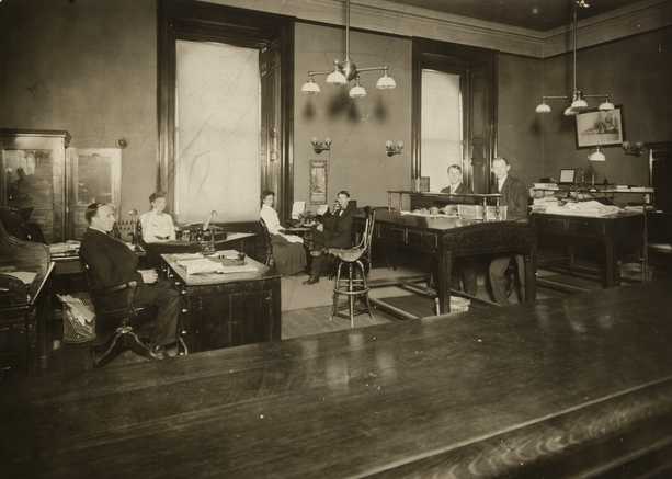 Black and white photograph of the Railroad and Warehouse Commission office in the second state capitol, ca. 1903.