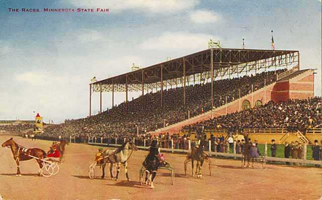 Colored postcard depicting harness-racing at the Minnesota State Fair Grandstand, c. 1910.