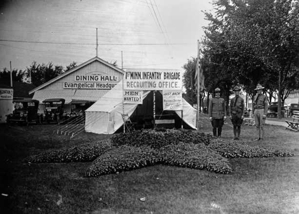 Black and white photograph of a recruiting office for the 1st Minnesota Infantry Brigade, 1917 Minnesota State Fair.