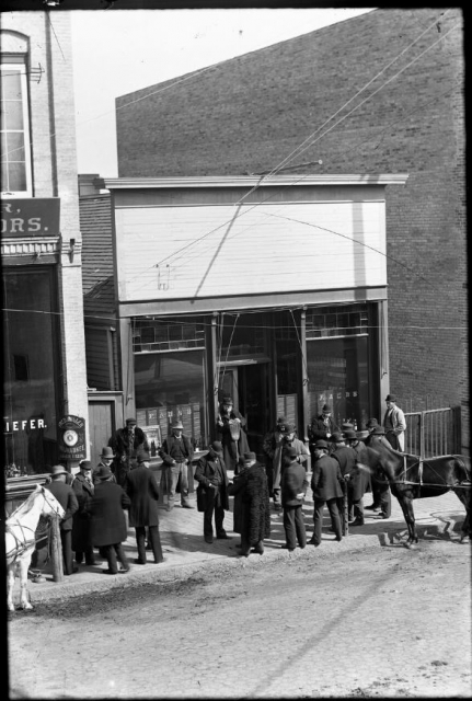 Photograph of the exterior of Fred Ambs's saloon, ca. 1890s.