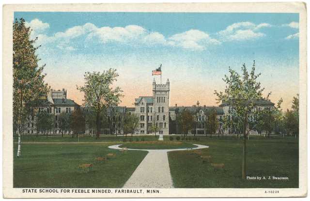 Postcard depicting the exterior of the Faribault State School for the Feeble-Minded in 1920. Photograph by A. J. Swanson.